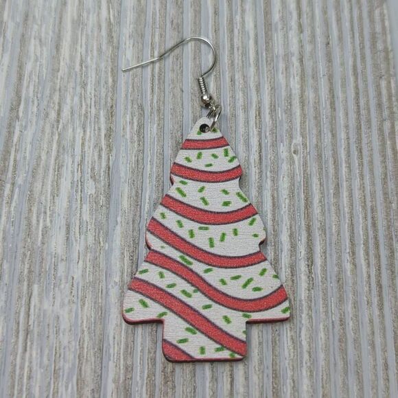 Womens Wooden Christmas Tree Cake Earrings Red White Green 2" Tall - Picture 2 of 4